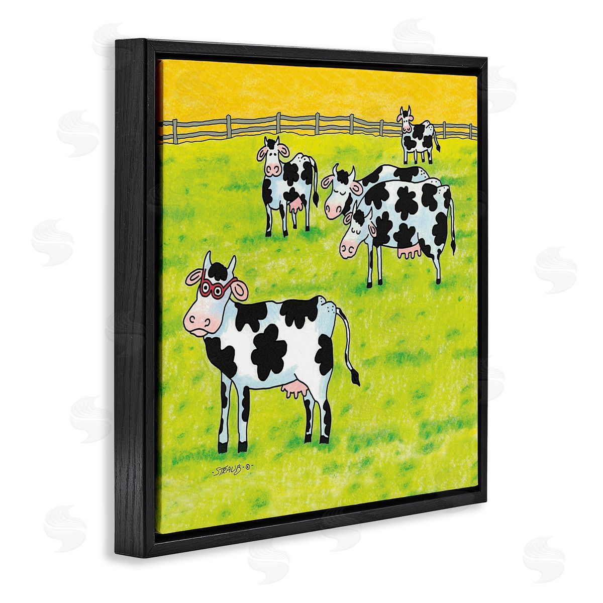 Funny Cow Herd with Specs Black Floating Frame Canvas Wall Art, Home Decor by Roger Straub