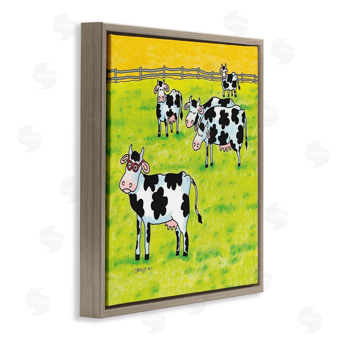 Funny Cow Herd with Specs Brown Floating Frame Canvas Wall Art, Home Decor by Roger Straub