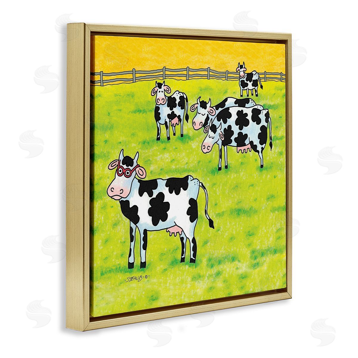 Funny Cow Herd with Specs Gold Floating Frame Canvas Wall Art, Home Decor by Roger Straub