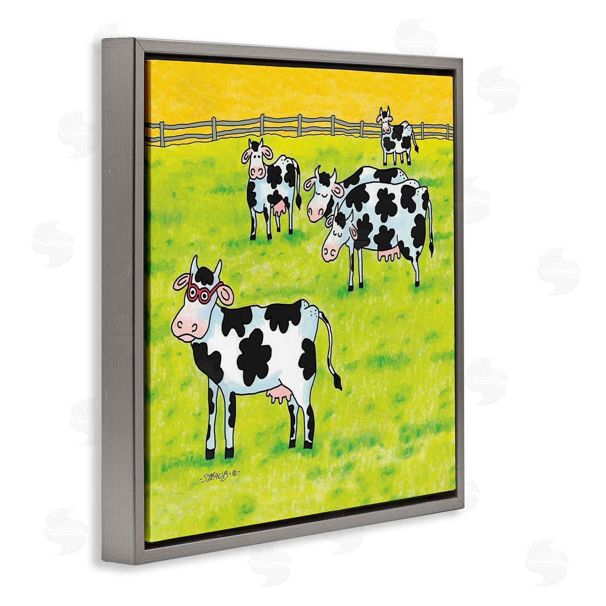 Funny Cow Herd with Specs Grey Floating Frame Canvas Wall Art, Home Decor by Roger Straub