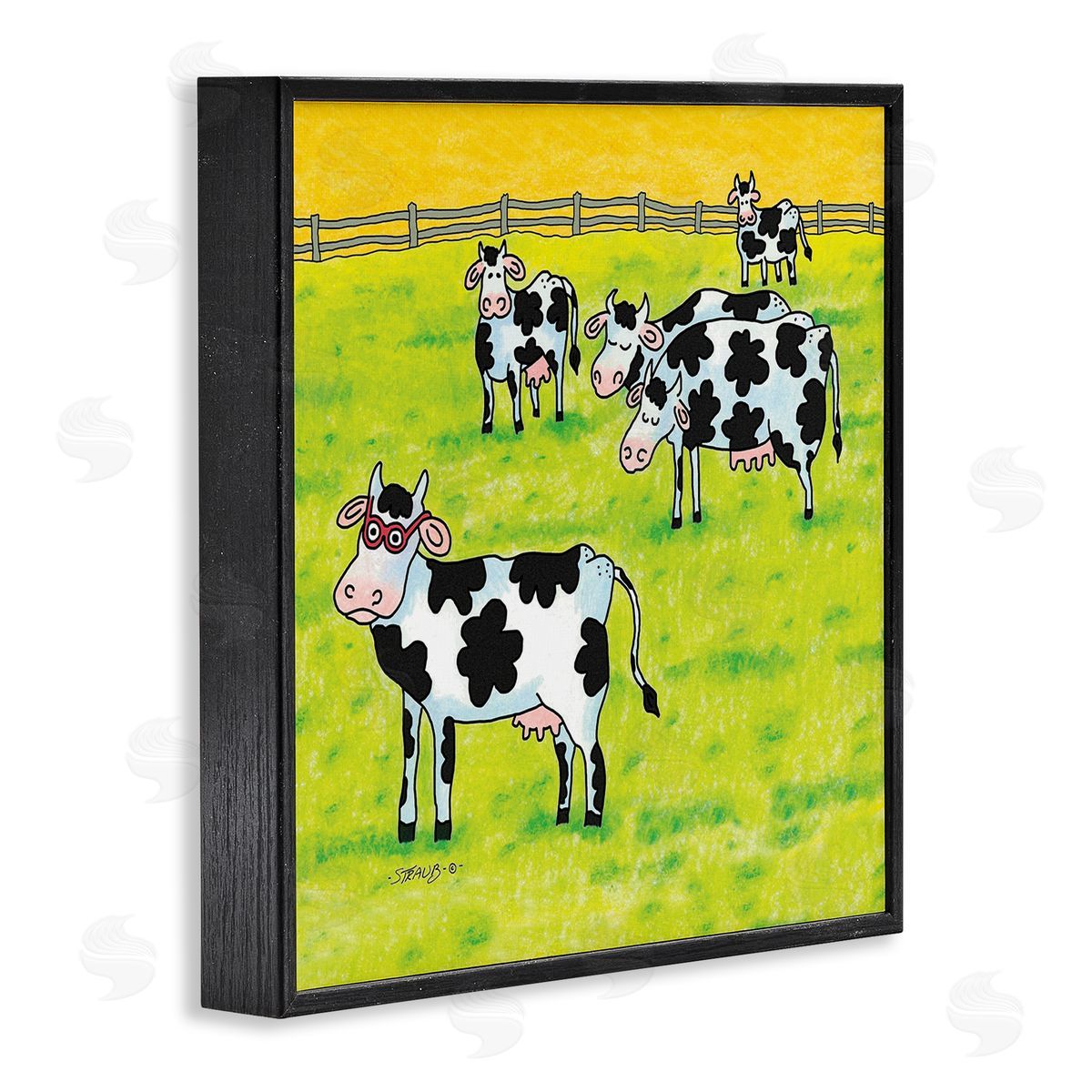 Funny Cow Herd with Specs Black Frame Print Wall Art, Home Decor by Roger Straub