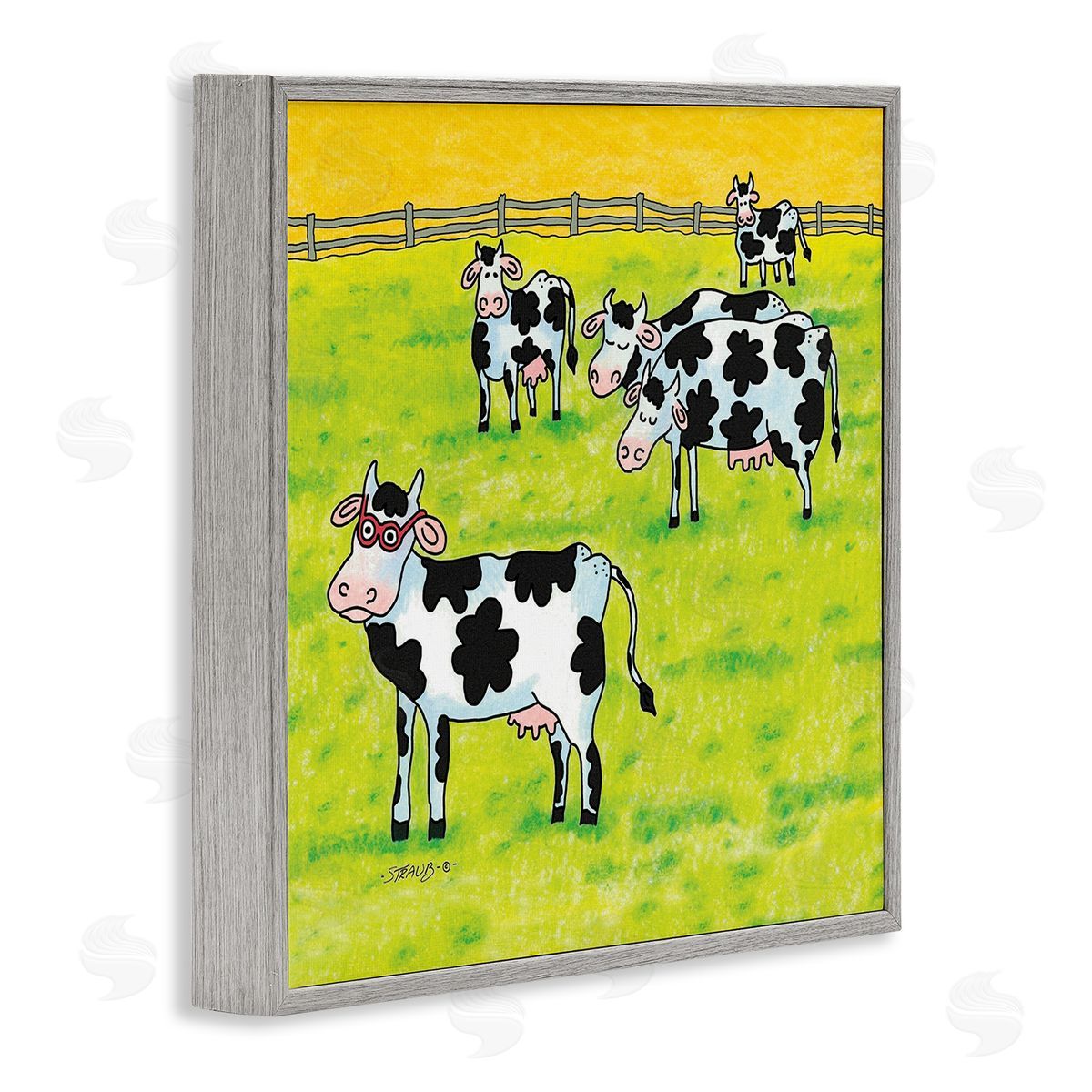 Funny Cow Herd with Specs Grey Frame Print Wall Art, Home Decor by Roger Straub