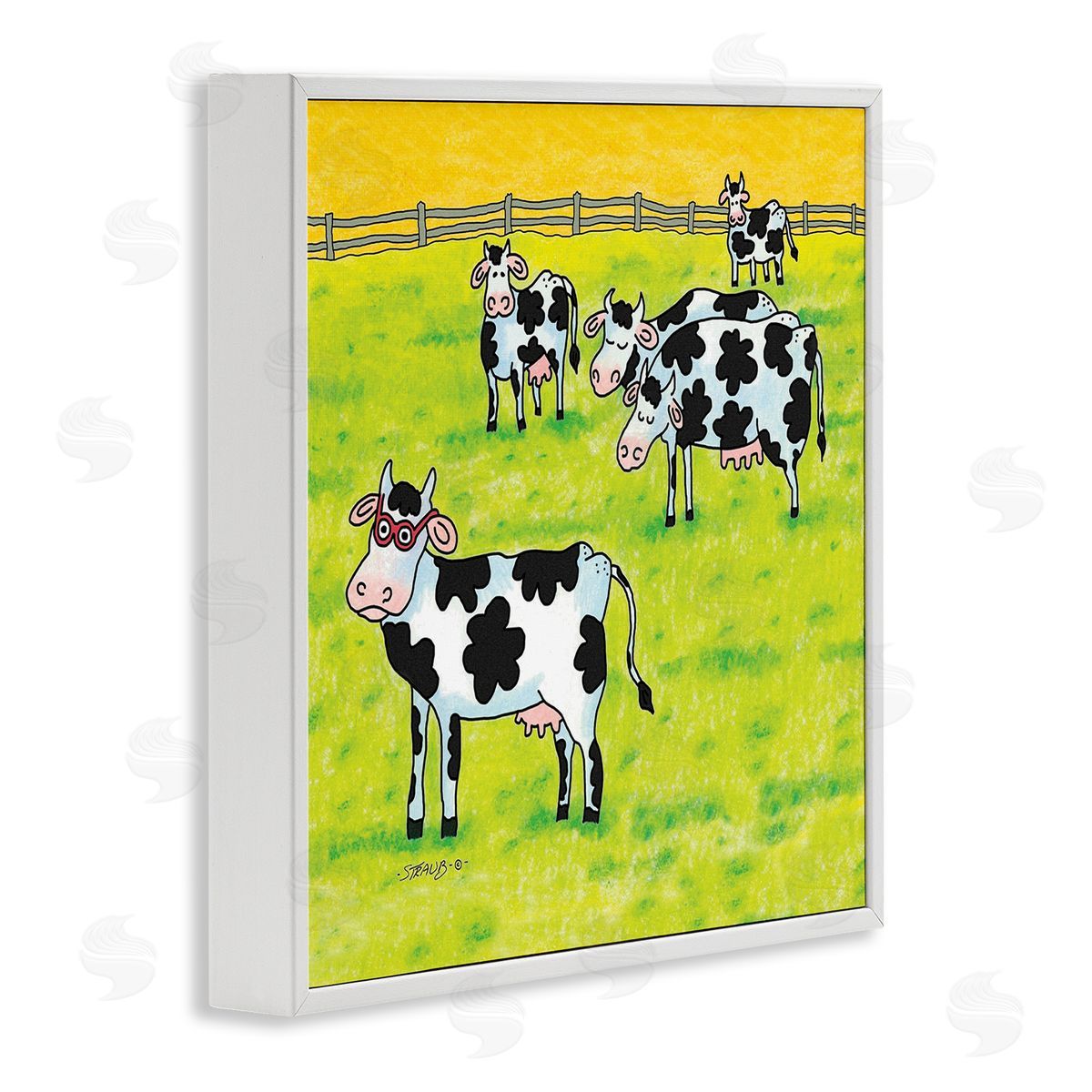 Funny Cow Herd with Specs White Frame Print Wall Art, Home Decor by Roger Straub