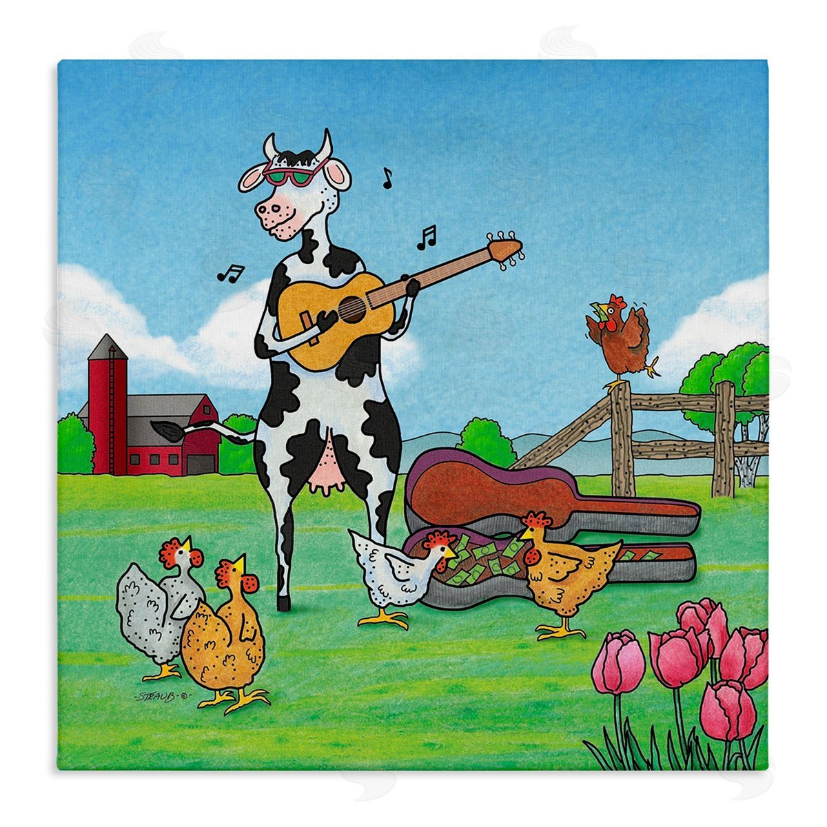 Busking Cow with Audience Canvas Wall Art, Home Decor by Roger Straub