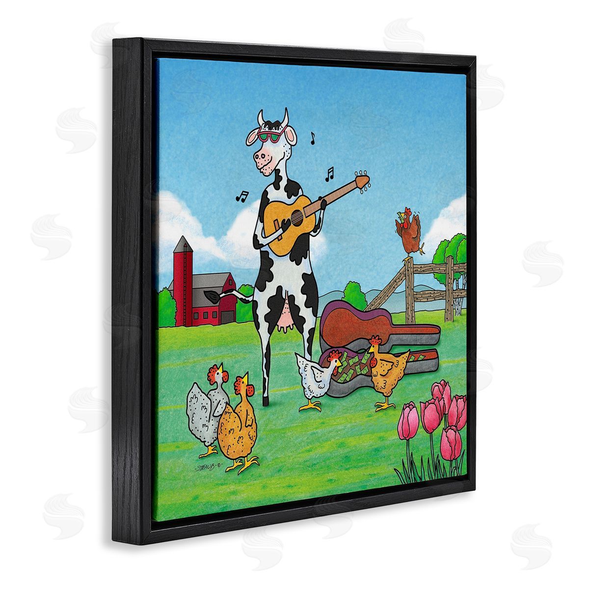 Busking Cow with Audience Black Floating Frame Canvas Wall Art, Home Decor by Roger Straub