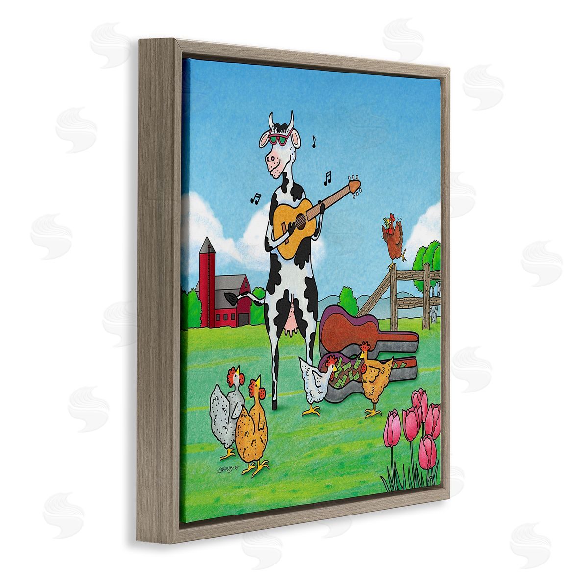 Busking Cow with Audience Brown Floating Frame Canvas Wall Art, Home Decor by Roger Straub