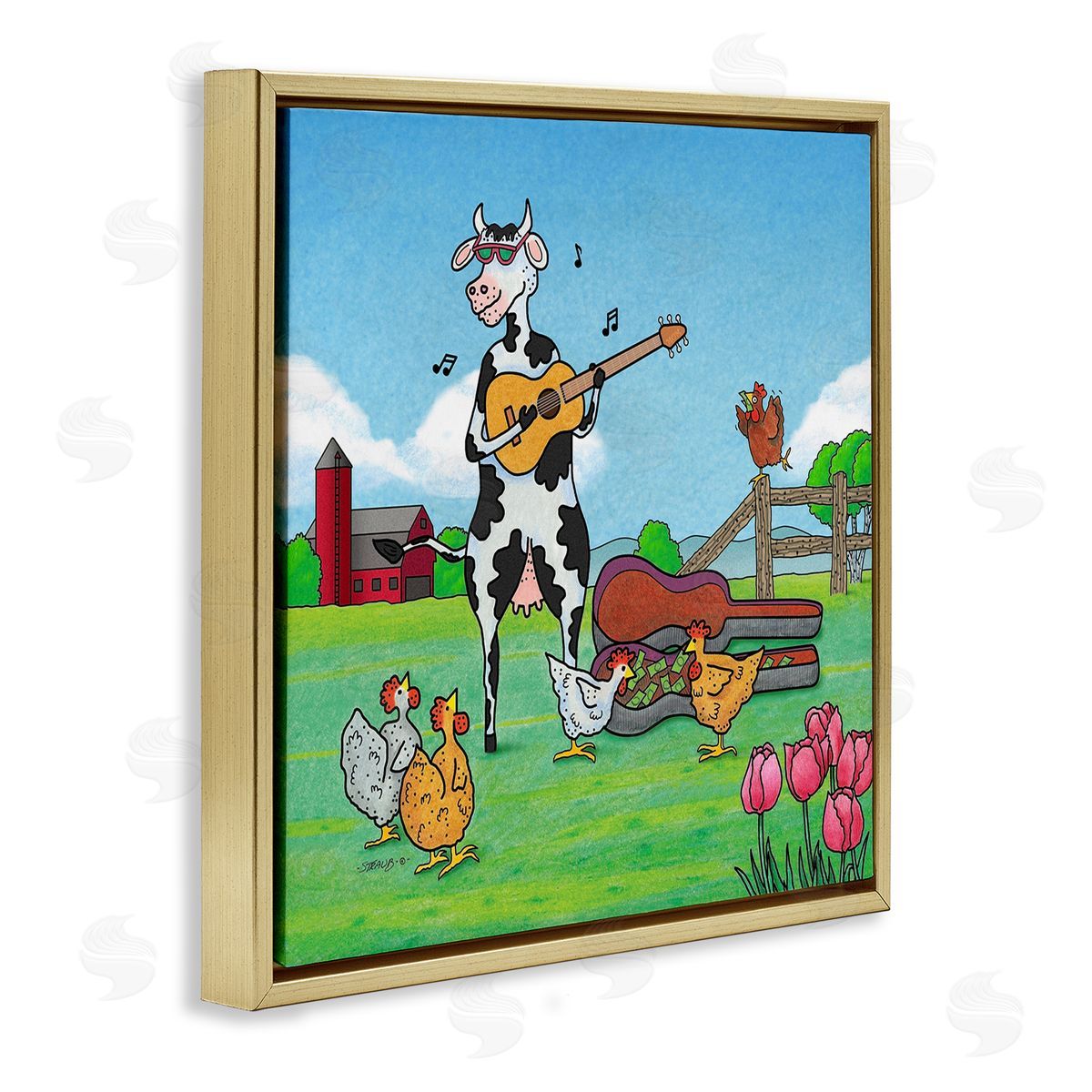 Busking Cow with Audience Gold Floating Frame Canvas Wall Art, Home Decor by Roger Straub