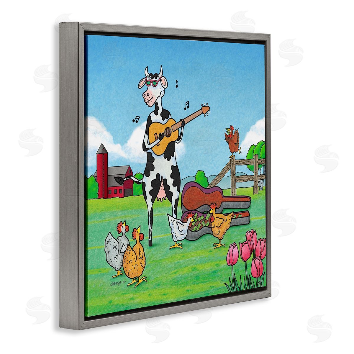 Busking Cow with Audience Grey Floating Frame Canvas Wall Art, Home Decor by Roger Straub