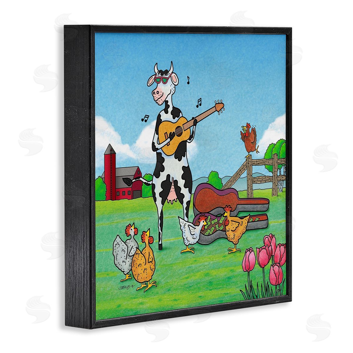 Busking Cow with Audience Black Frame Print Wall Art, Home Decor by Roger Straub