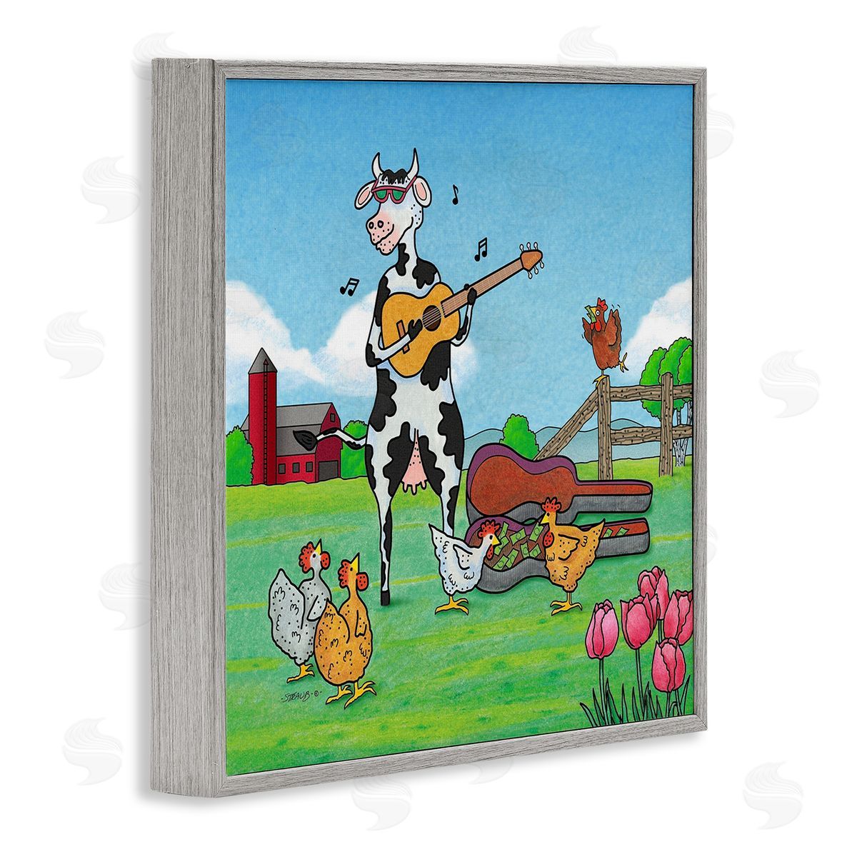 Busking Cow with Audience Grey Frame Print Wall Art, Home Decor by Roger Straub