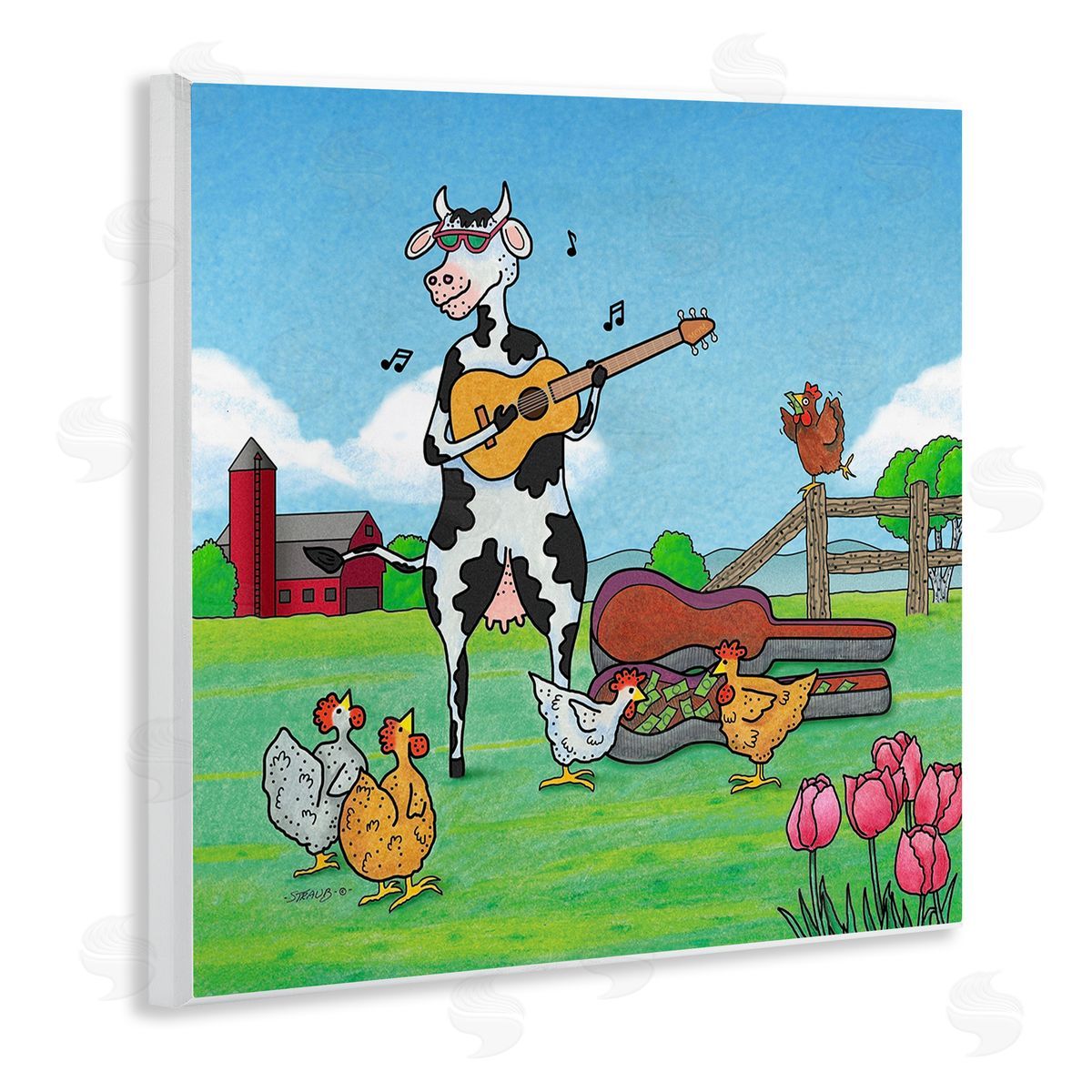 Busking Cow with Audience Wood Plaque Wall Art, Home Decor by Roger Straub