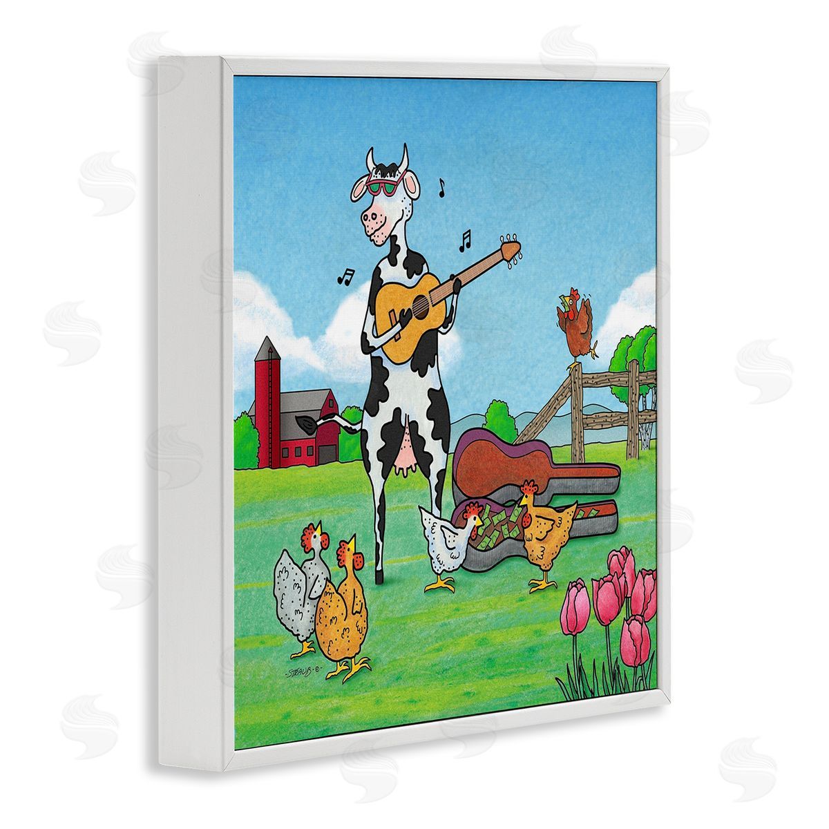 Busking Cow with Audience White Frame Print Wall Art, Home Decor by Roger Straub