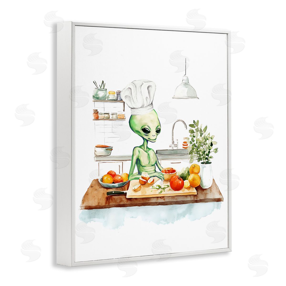 Chef Alien in Kitchen White Frame Print Wall Art, Home Decor by Stupell Studio