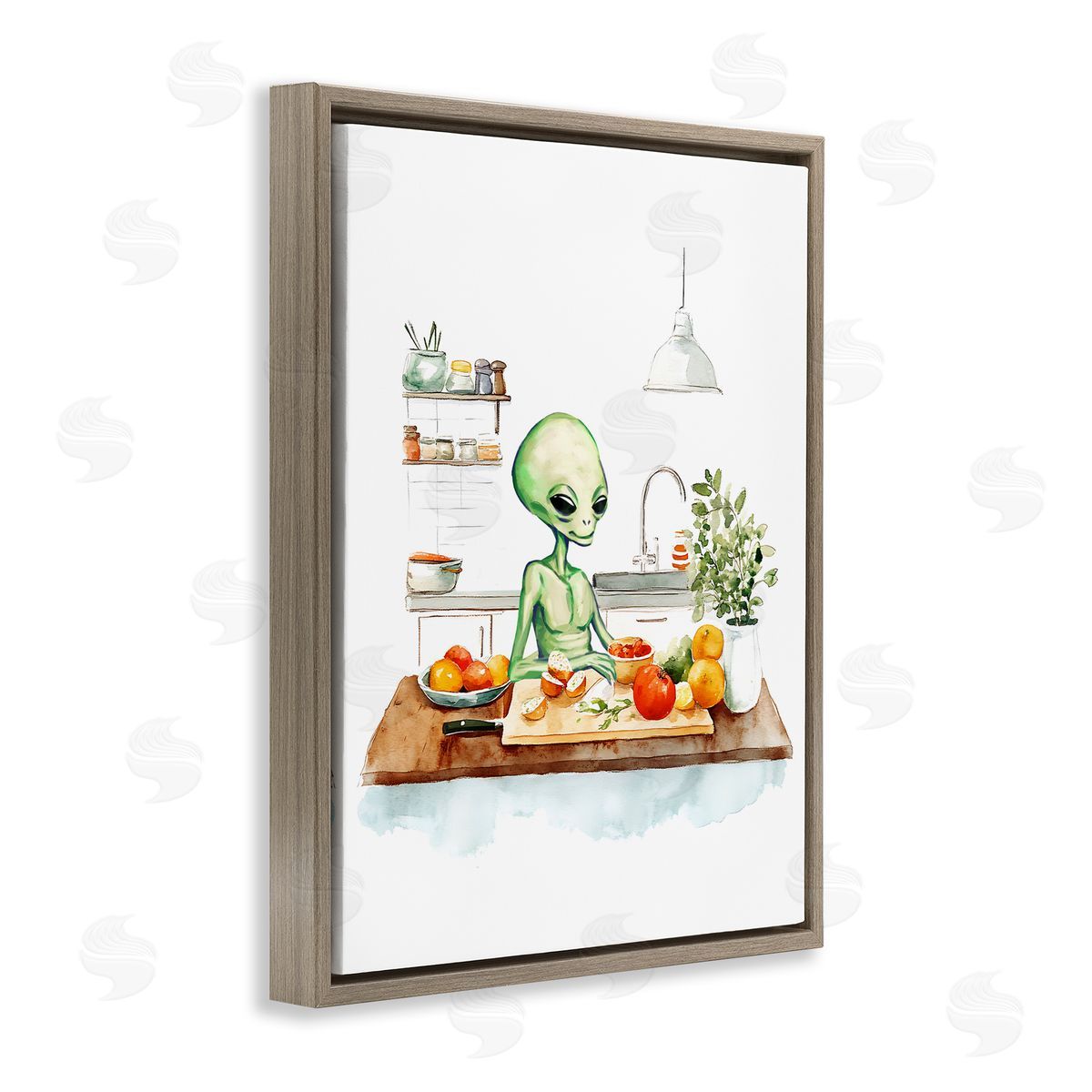 Alien Cooking in Kitchen Brown Floating Frame Canvas Wall Art, Home Decor by Stupell Studio