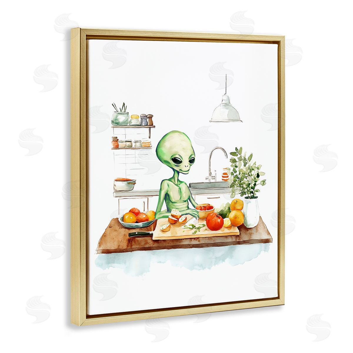 Alien Cooking in Kitchen Gold Floating Frame Canvas Wall Art, Home Decor by Stupell Studio