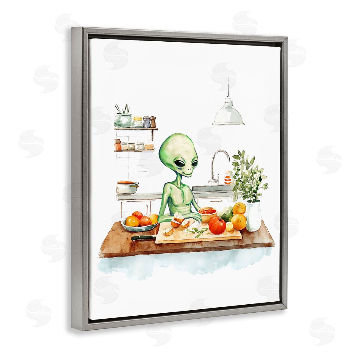Alien Cooking in Kitchen Grey Floating Frame Canvas Wall Art, Home Decor by Stupell Studio