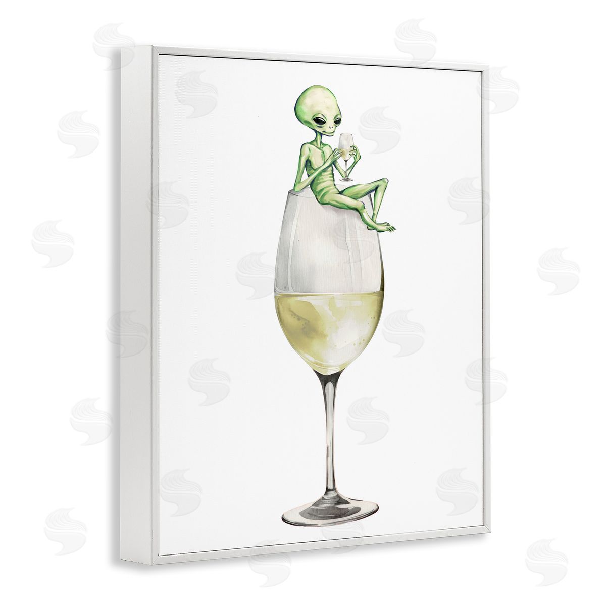 Alien Perched on Champagne Glass White Frame Print Wall Art, Home Decor by Stupell Studio
