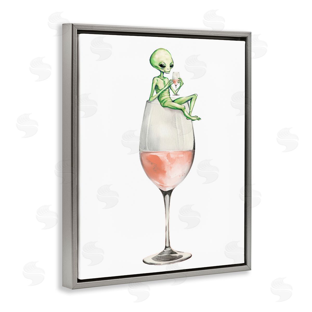 Lounging Alien on Wine Glass Grey Floating Frame Canvas Wall Art, Home Decor by Stupell Studio