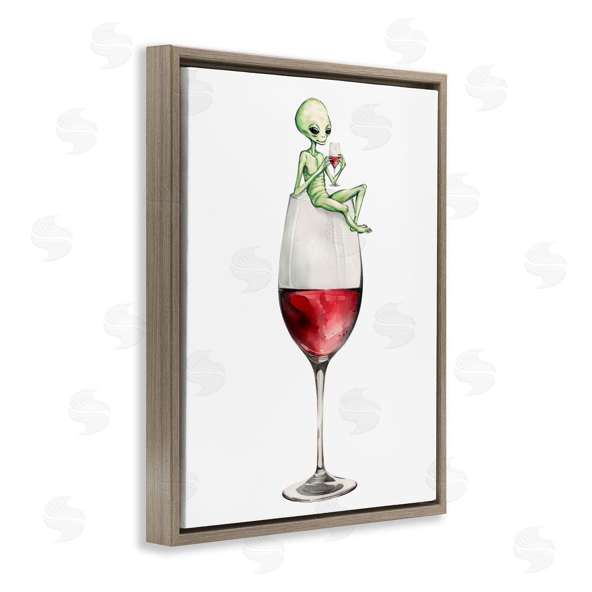 Alien Perched on Wine Glass Brown Floating Frame Canvas Wall Art, Home Decor by Stupell Studio