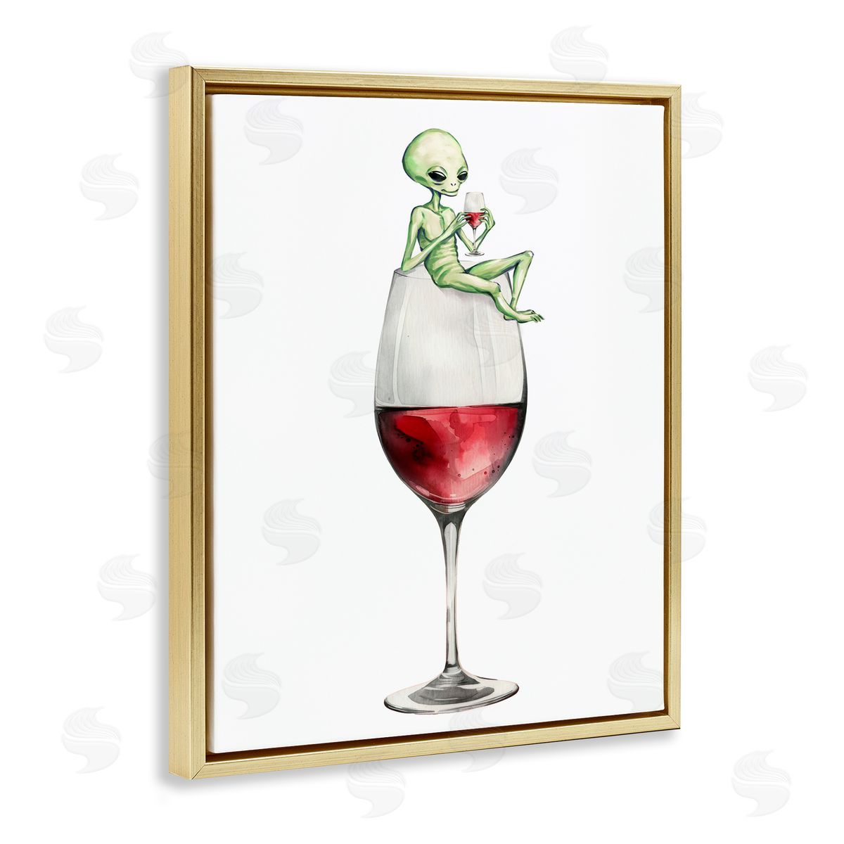 Alien Perched on Wine Glass Gold Floating Frame Canvas Wall Art, Home Decor by Stupell Studio