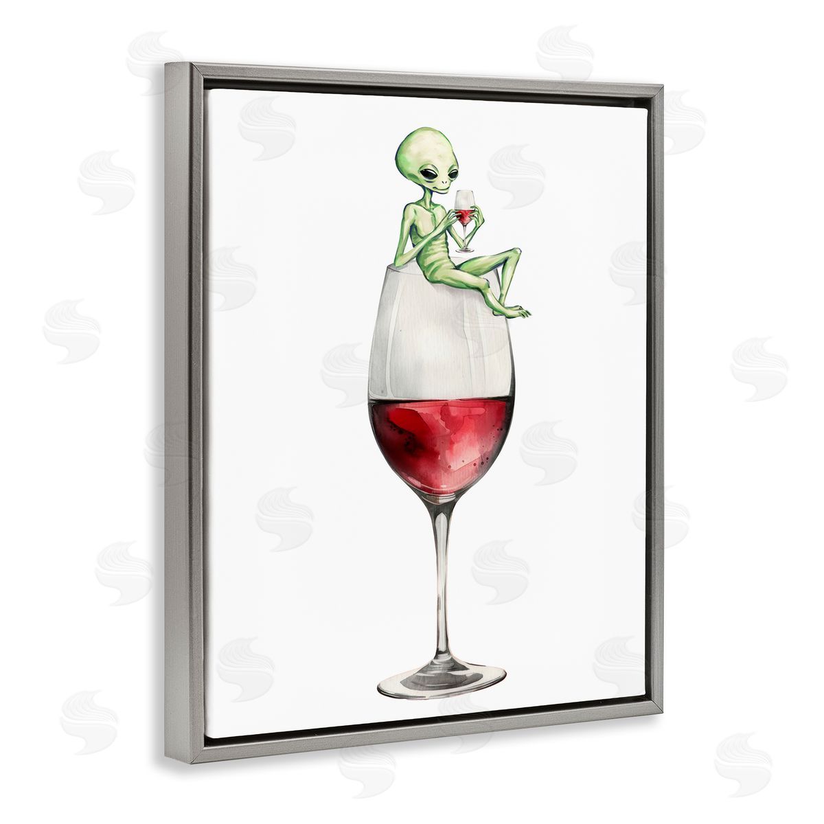 Alien Perched on Wine Glass Grey Floating Frame Canvas Wall Art, Home Decor by Stupell Studio