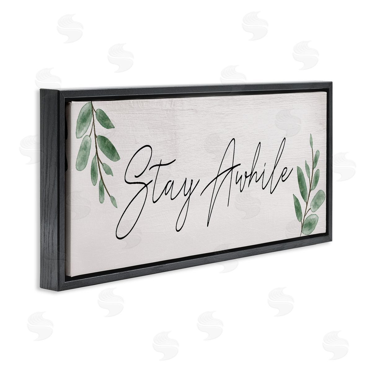Stay Awhile with Plant Sprigs Black Floating Frame Canvas Wall Art, Home Decor by Stupell Studio