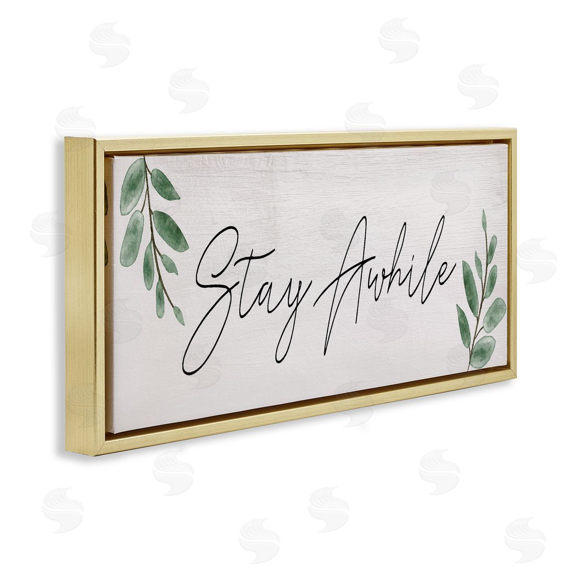 Stay Awhile with Plant Sprigs Gold Floating Frame Canvas Wall Art, Home Decor by Stupell Studio