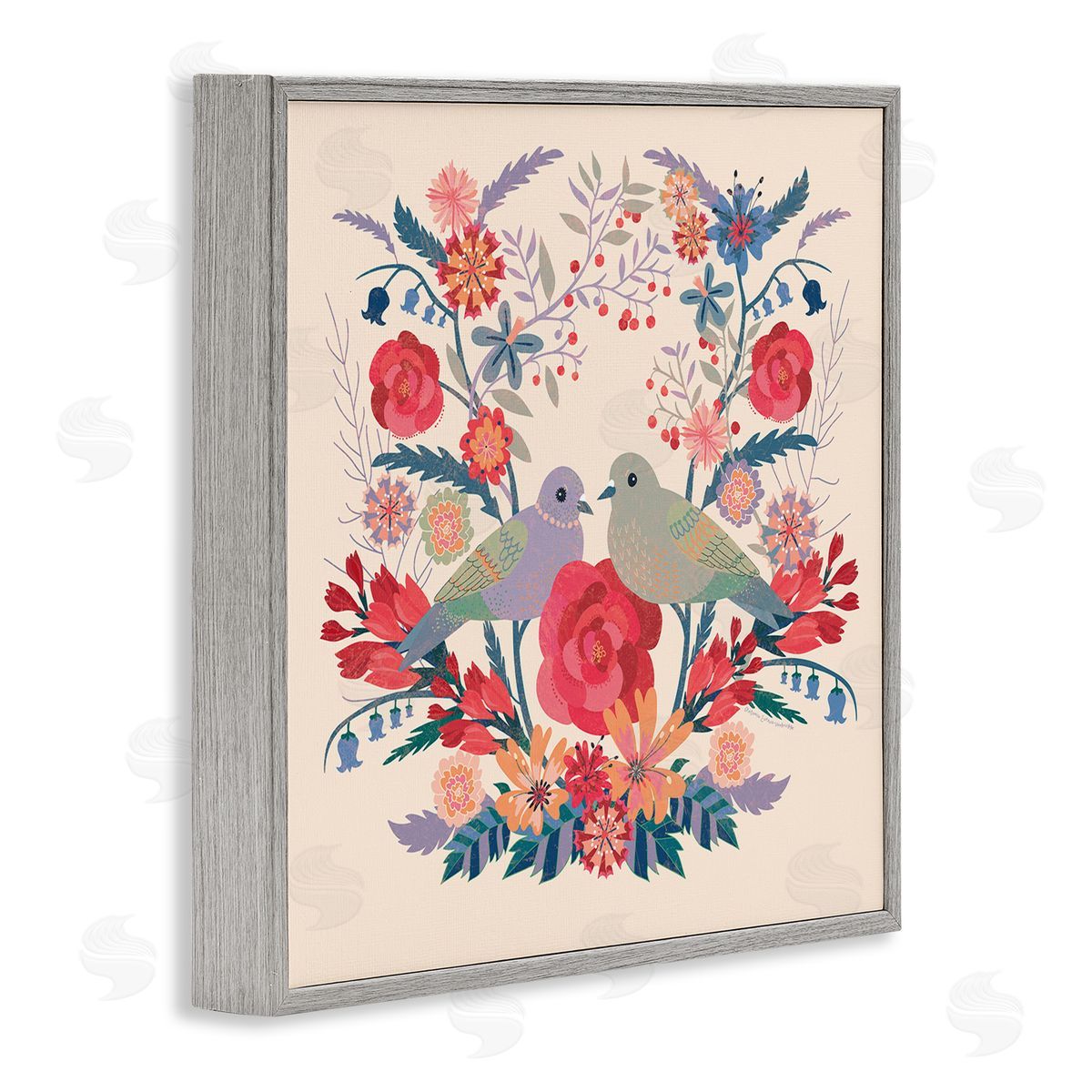 Symmetrical Folk Flowers & Birds Grey Frame Print Wall Art, Home Decor by Verbrugge Watercolor