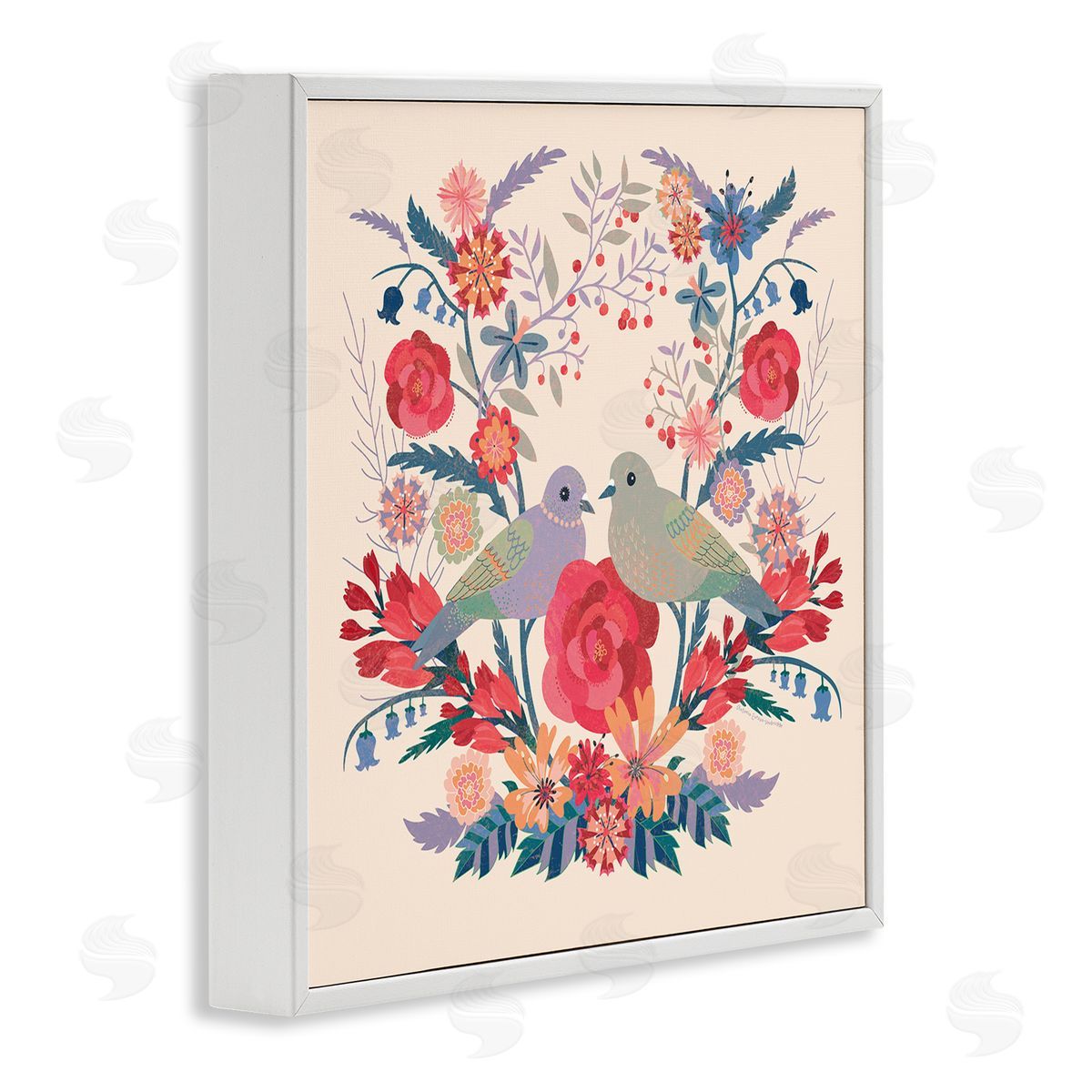 Symmetrical Folk Flowers & Birds White Frame Print Wall Art, Home Decor by Verbrugge Watercolor