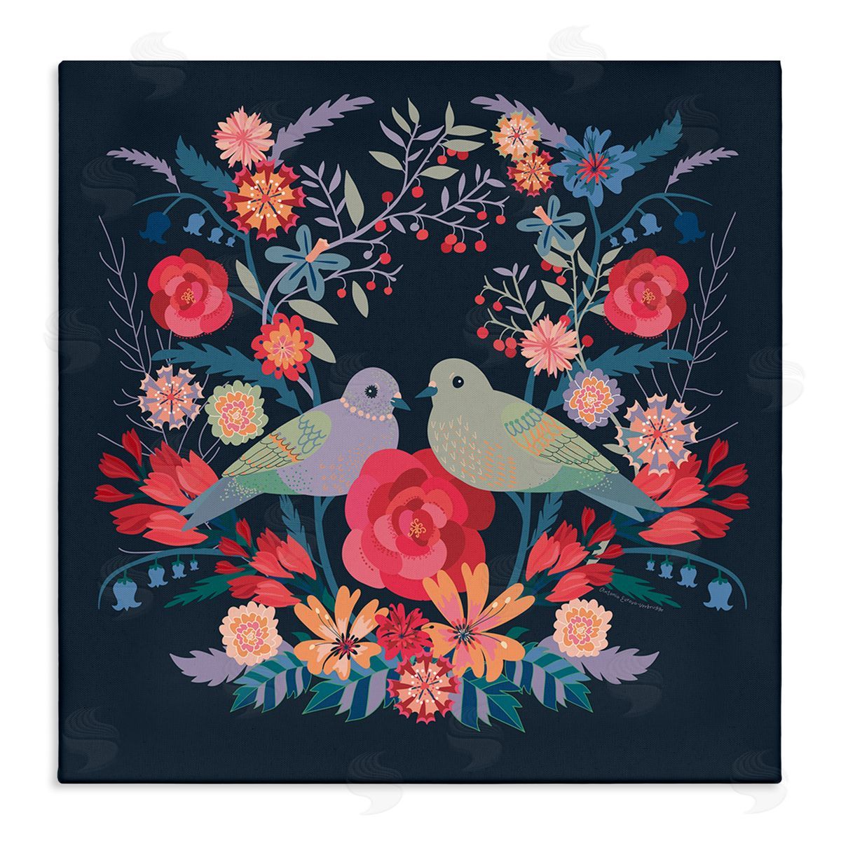 Symmetrical Birds & Flowers Canvas Wall Art, Home Decor by Verbrugge Watercolor