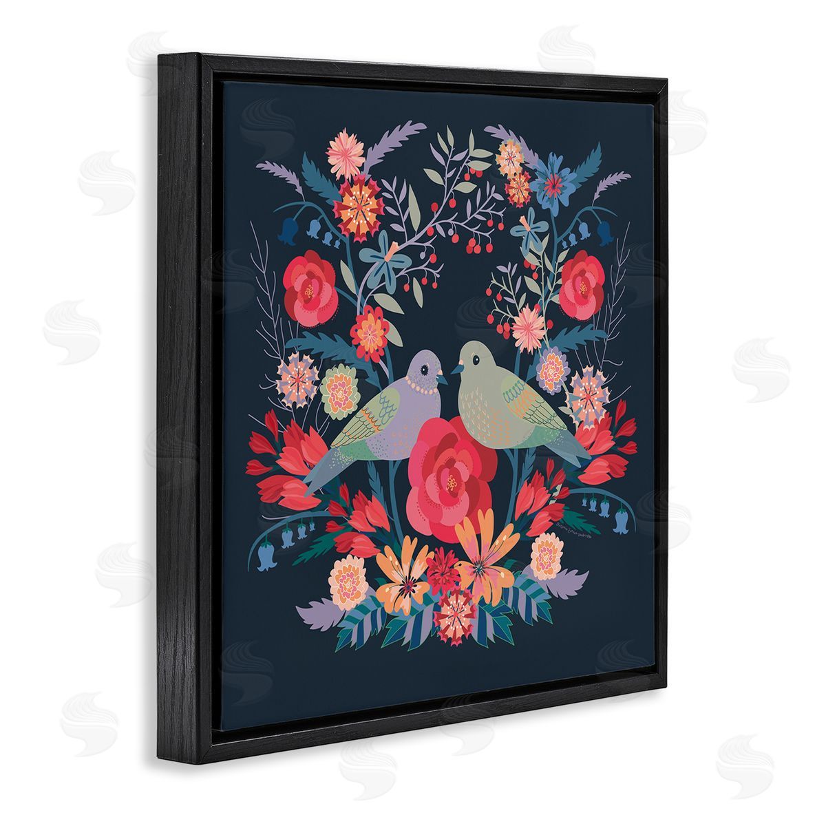 Symmetrical Birds & Flowers Black Floating Frame Canvas Wall Art, Home Decor by Verbrugge Watercolor