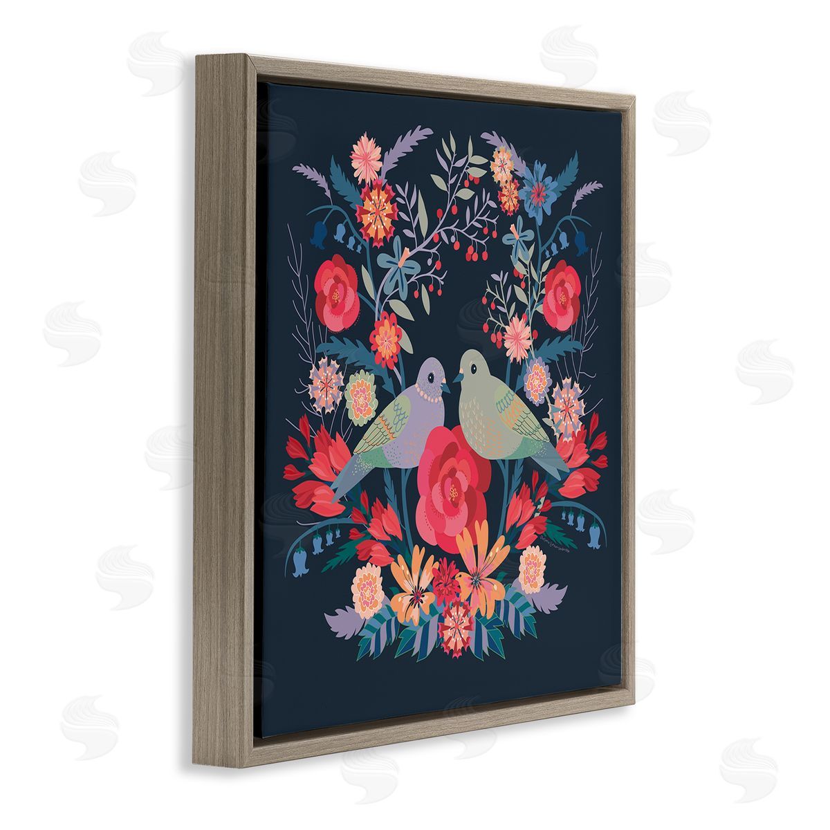 Symmetrical Birds & Flowers Brown Floating Frame Canvas Wall Art, Home Decor by Verbrugge Watercolor