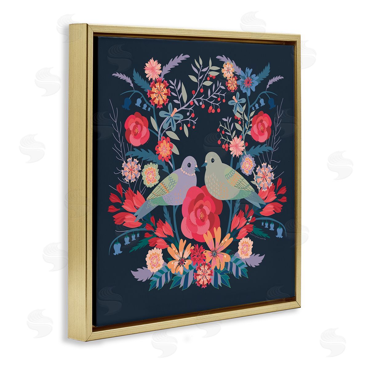 Symmetrical Birds & Flowers Gold Floating Frame Canvas Wall Art, Home Decor by Verbrugge Watercolor