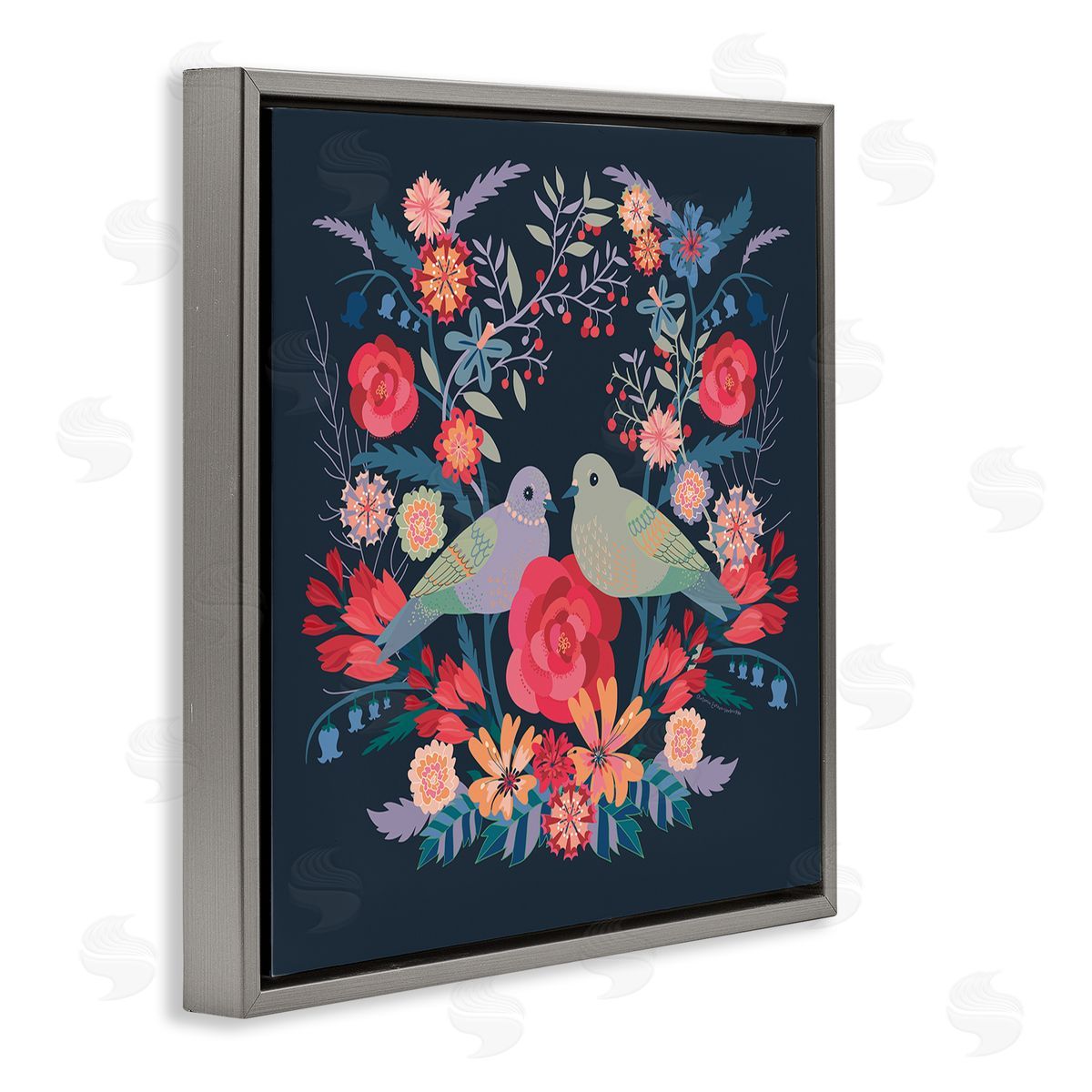 Symmetrical Birds & Flowers Grey Floating Frame Canvas Wall Art, Home Decor by Verbrugge Watercolor
