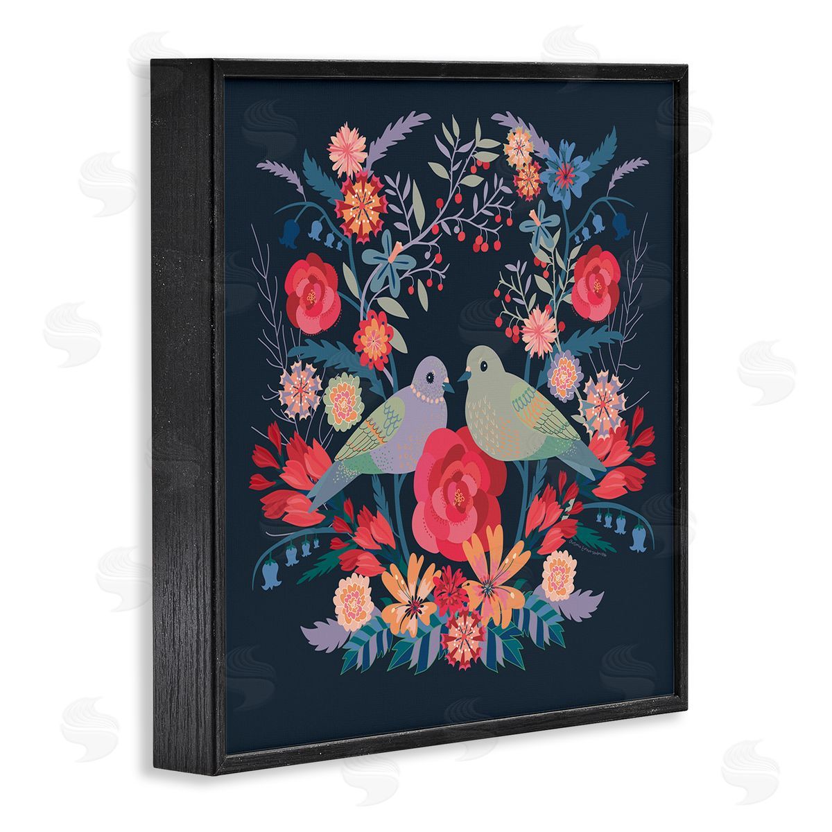 Symmetrical Birds & Flowers Black Frame Print Wall Art, Home Decor by Verbrugge Watercolor