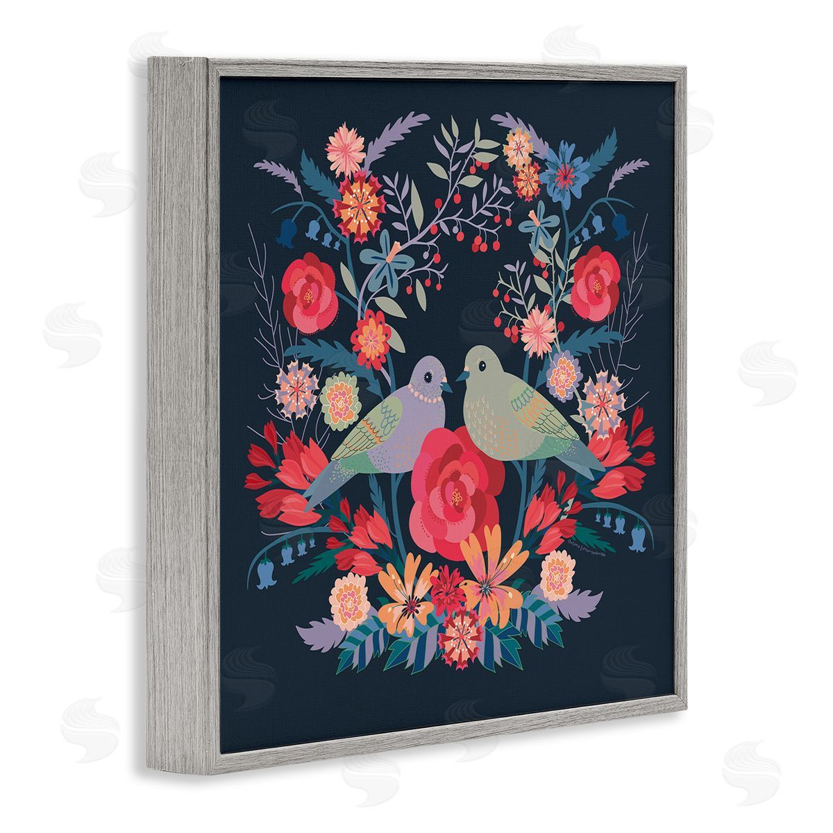 Symmetrical Birds & Flowers Grey Frame Print Wall Art, Home Decor by Verbrugge Watercolor