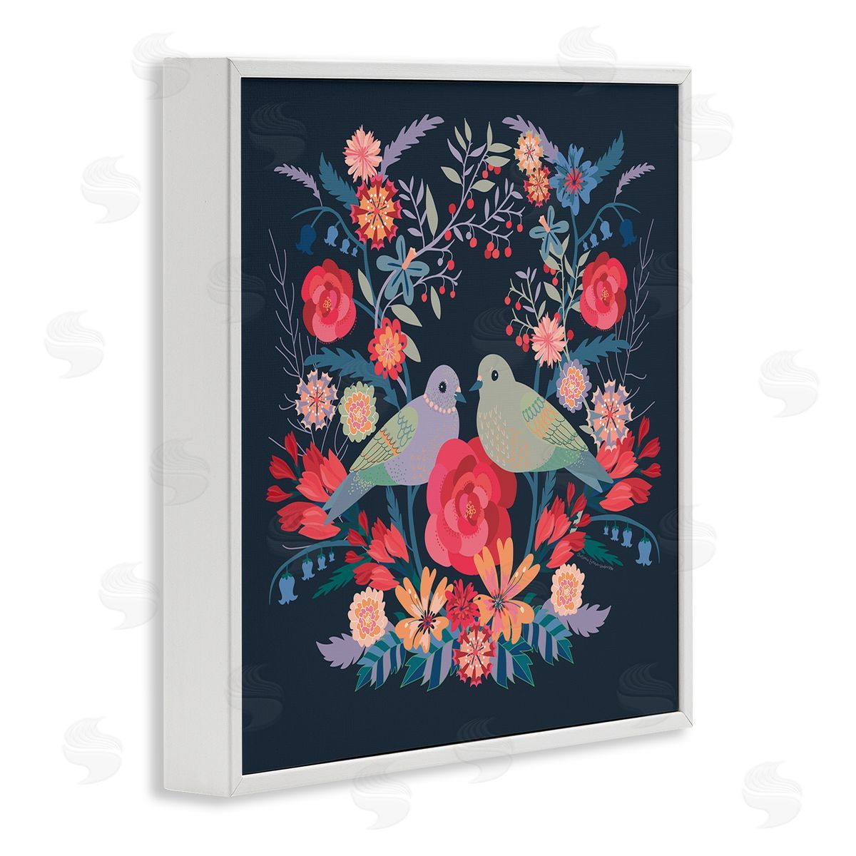 Symmetrical Birds & Flowers White Frame Print Wall Art, Home Decor by Verbrugge Watercolor