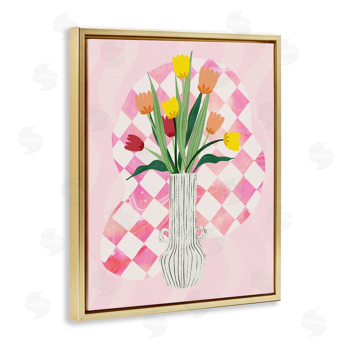 Yellow Tulip Vase on Checkered Gold Floating Frame Canvas Wall Art, Home Decor by Ziwei Li