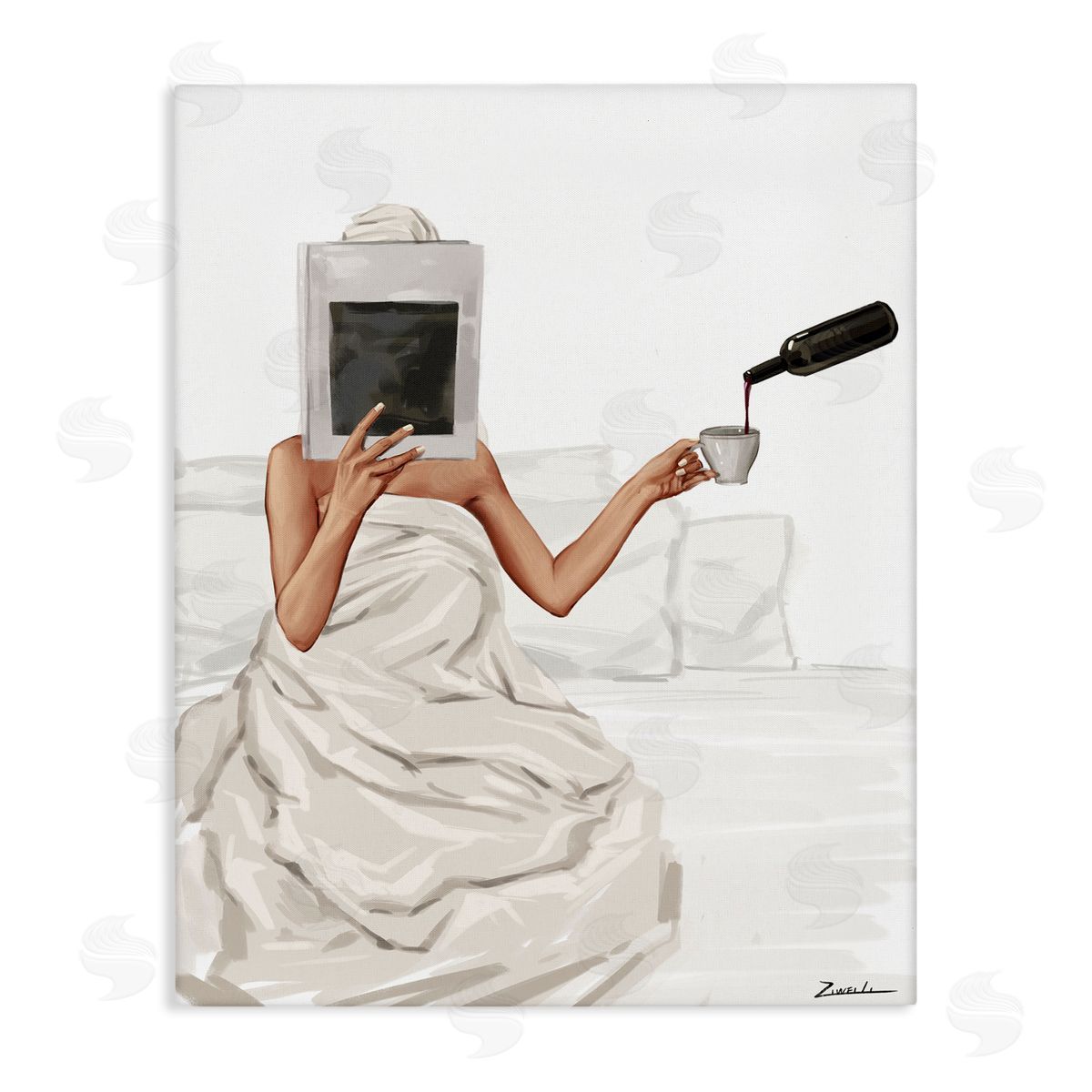 Cozy in Bed with Drink Canvas Wall Art, Home Decor by Ziwei Li