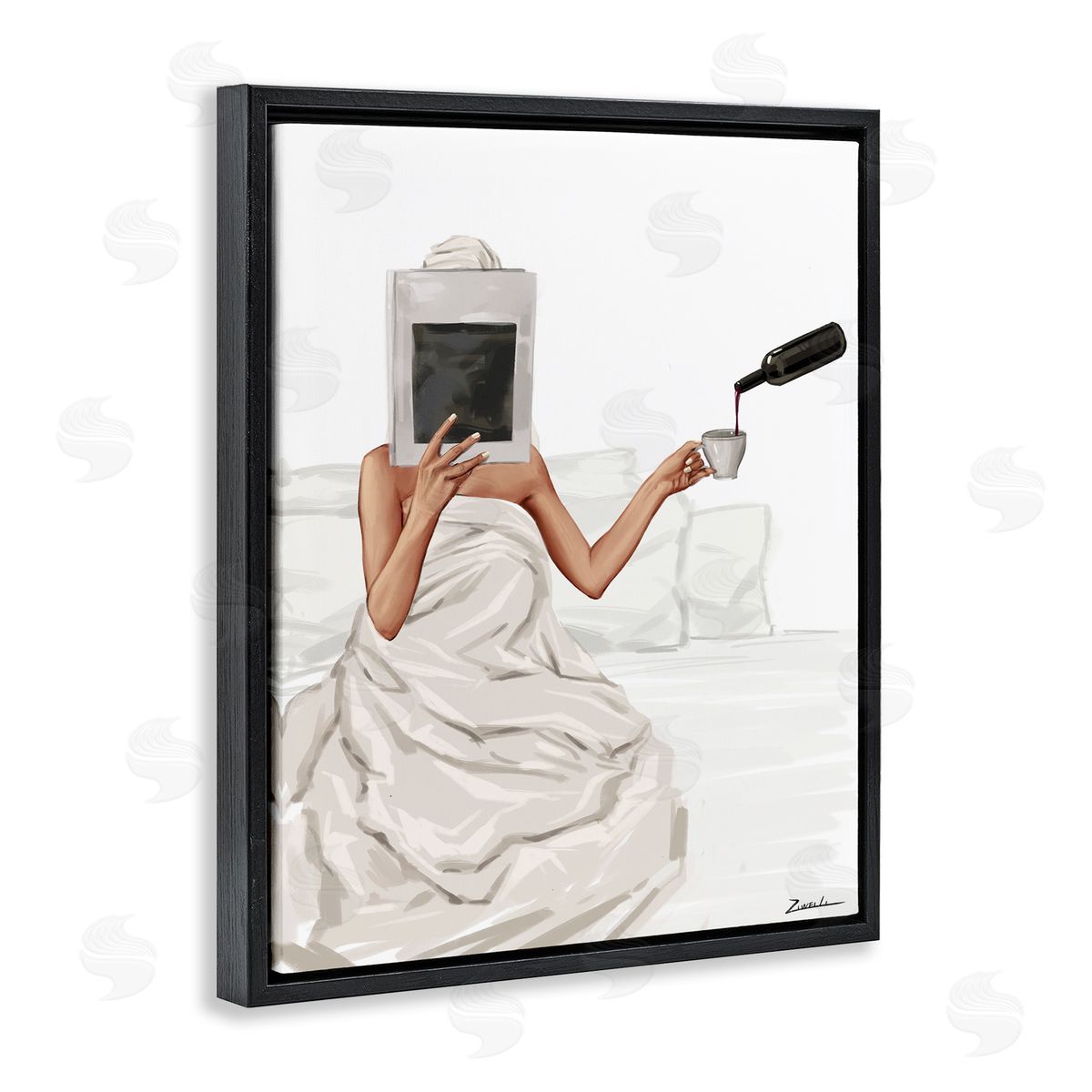 Cozy in Bed with Drink Black Floating Frame Canvas Wall Art, Home Decor by Ziwei Li