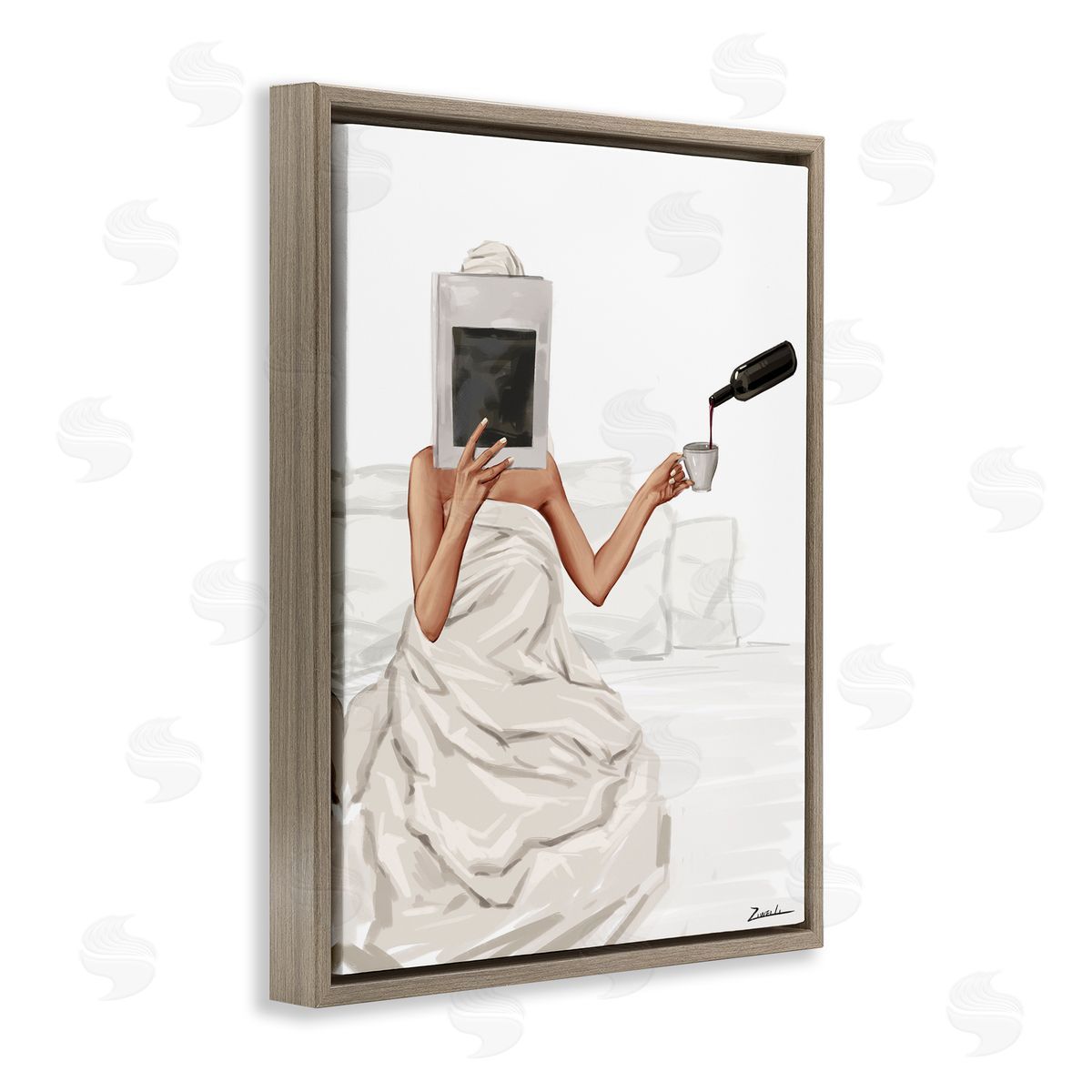 Cozy in Bed with Drink Brown Floating Frame Canvas Wall Art, Home Decor by Ziwei Li