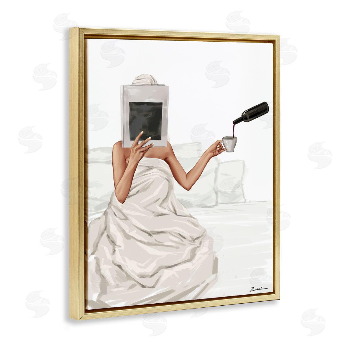 Cozy in Bed with Drink Gold Floating Frame Canvas Wall Art, Home Decor by Ziwei Li