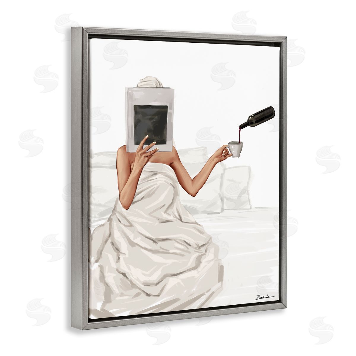 Cozy in Bed with Drink Grey Floating Frame Canvas Wall Art, Home Decor by Ziwei Li