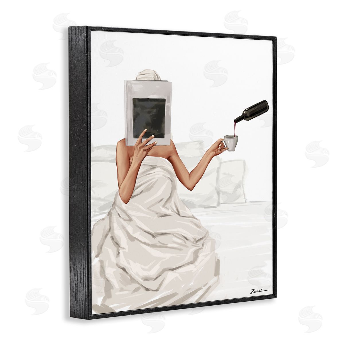 Cozy in Bed with Drink Black Frame Print Wall Art, Home Decor by Ziwei Li