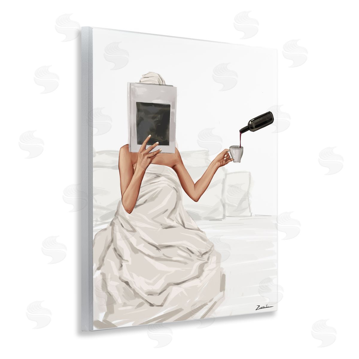 Cozy in Bed with Drink Wood Plaque Wall Art, Home Decor by Ziwei Li