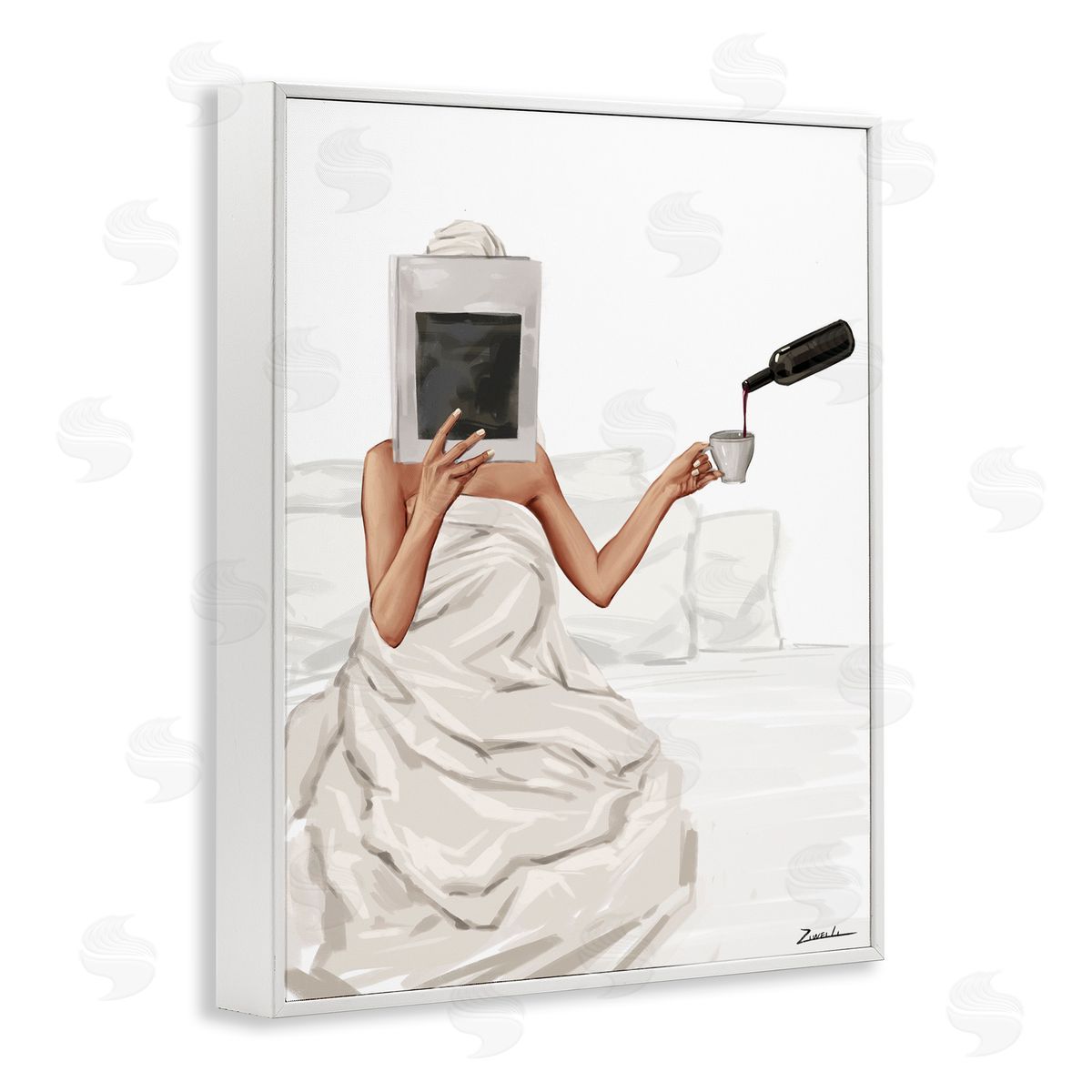 Cozy in Bed with Drink White Frame Print Wall Art, Home Decor by Ziwei Li