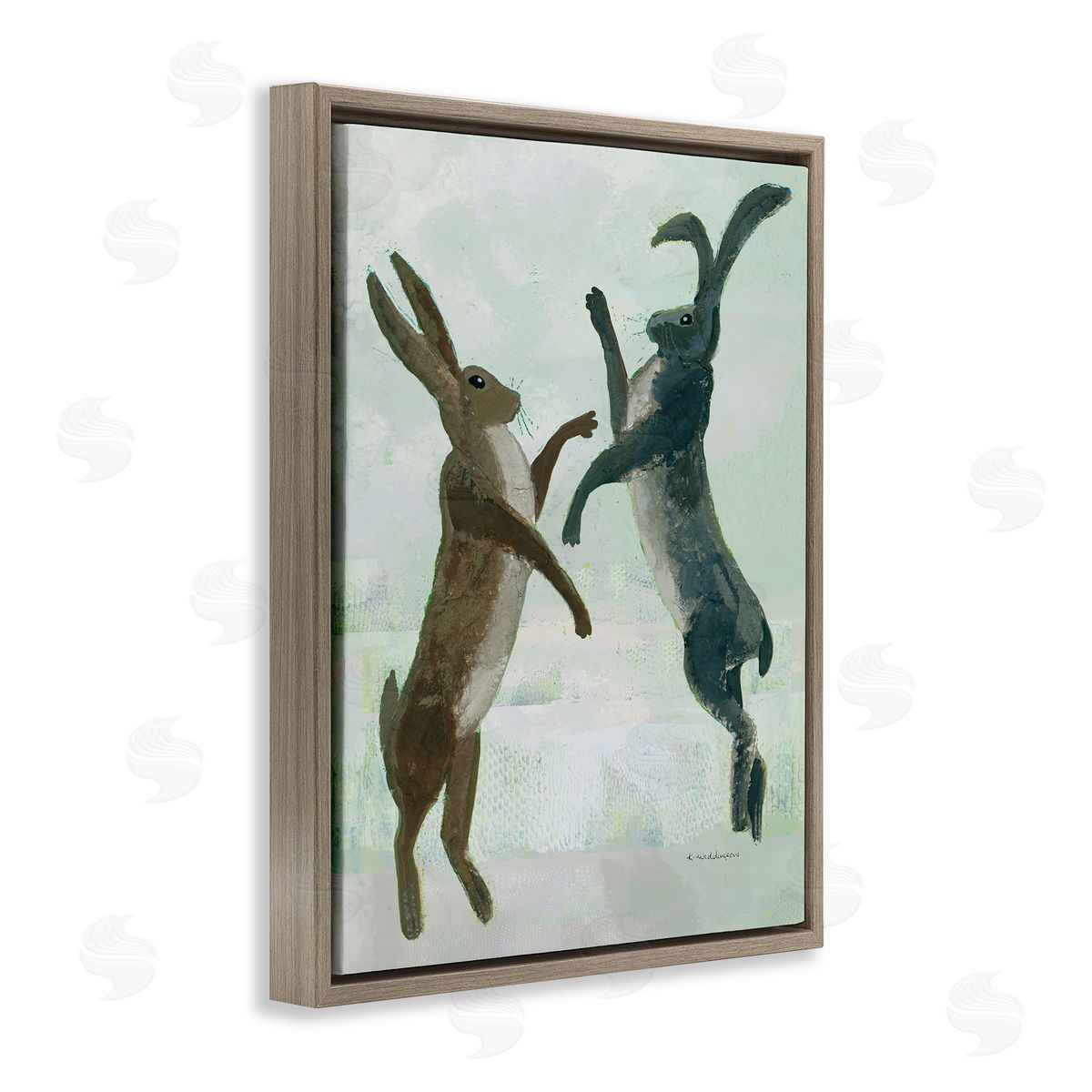 Rustic Boxing Hares Brown Floating Frame Canvas Wall Art, Home Decor by Kay Widdowson