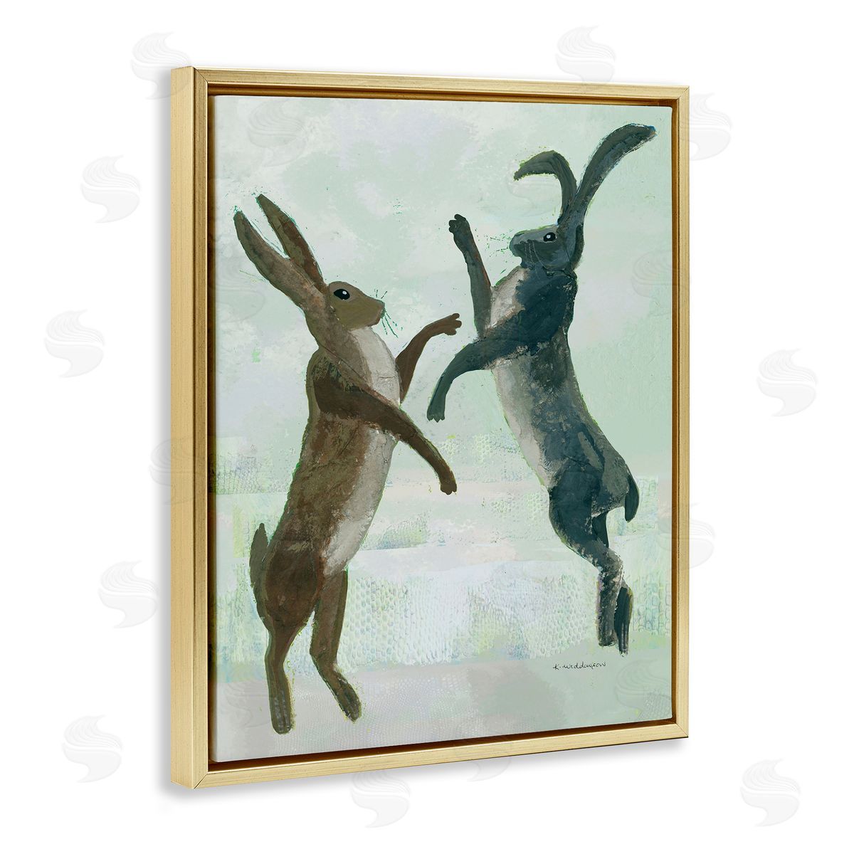 Rustic Boxing Hares Gold Floating Frame Canvas Wall Art, Home Decor by Kay Widdowson