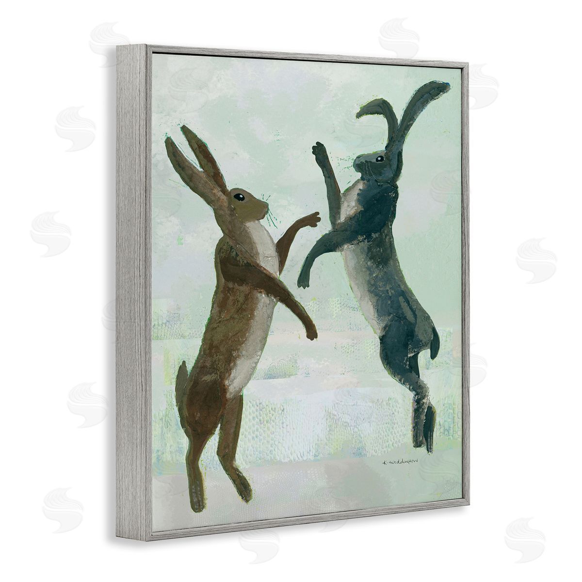 Rustic Boxing Hares Grey Frame Print Wall Art, Home Decor by Kay Widdowson
