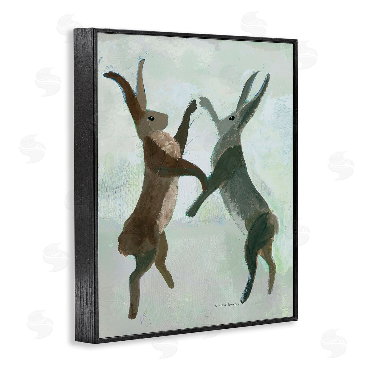Boxing Hares in Neutral Tones Black Frame Print Wall Art, Home Decor by Kay Widdowson